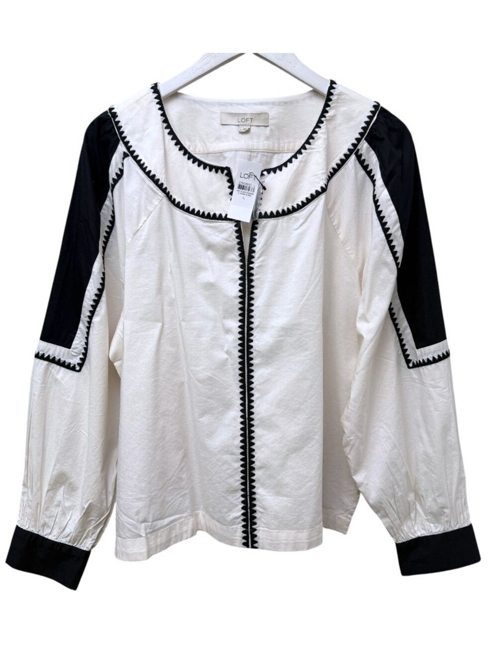 LOFT Peasant Blouse Womens Large Cream Black Crochet Boho Top NWT
